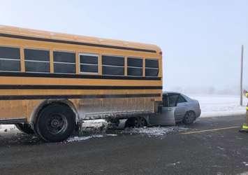 Collision involving school bus Feb 28, 2019. Photo courtesy of Petrolia & North Enniskillen Fire Dept. via Facebook.