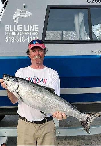 Rick Scott of St. Marys with a 14.12 lb. salmon caught during the Salmon Derby. May 3, 2018. (Photo submitted by the Bluewater Anglers)