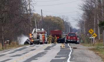 Sarnia fire crews respond to a vehicle rollover and fire  on Confederation Nov. 12, 2014 (BlackburNews.com photo by Josh Boyce)