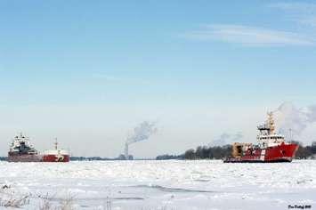 CCGS Samuel Risley escorts the CSL Niagara on the St. Clair River near Algonac Michigan January 14 2015.   Photo courtesy of Don Detloff