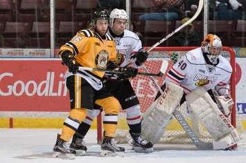 Owen Sound Attack goalie Michael McNiven follows the play along with Sarnia Sting defenceman Jordan Ernst (16) in the Attack's 9-3 win over the Sting in Sarnia on March 12, 2017 (Photo by Metcalfe Photography)