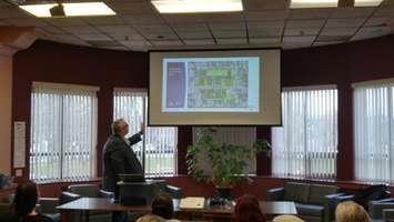 Consultants Jay McGuffin speaks to Sarnia-Lambton residents during a community meeting regarding a rezoning application for the old Sarnia General Hospital. April 17, 2018. (Photo by Colin Gowdy, Blackburn News)