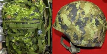 Similar images of a stolen CADPAT backpack and helmet. September 2, 2021. (Photo courtesy of Sarnia Policy)