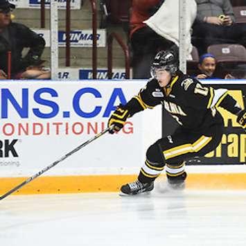 Brandon Lindberg got the Sting on the board with his first of two in a 7-1 rout of the Colts in Barrie Thurs. Oct 30, 2014 (OHL Photo)