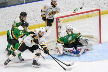 Sarnia Sting forward Max Namestnikov attempts a wraparound play in a preseason game versus the London Knights.  September 2021.  (Photo by Metcalfe Photography)