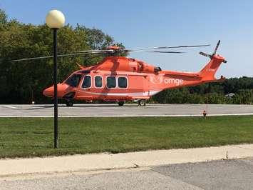 An ORNGE Air Ambulance on the heli-pad at Louise Marshall Hospital in Mount Forest. (Photo by Ryan Drury)