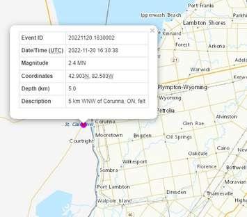 Earthquake felt on Sunday. November 21, 2022. (Photo screenshot via Earthquakes Canada) 