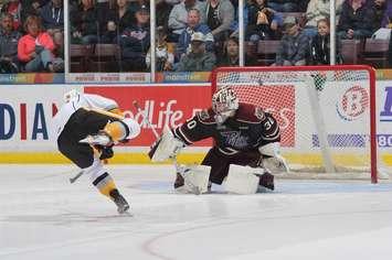 Anthony Salinitri Scores a Shootout Goal For The Sarnia Sting vs. Peterborough - Oct 8/16 (Photo Courtesy of Metcalfe Photography)