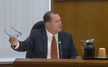 Sarnia City Councillor Bill Dennis during heated exchange at October 16, 2023 meeting. Image captured from virtual broadcast.