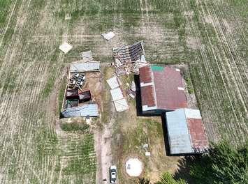 A farm outbuilding destroyed by the downburst in Thedford. (Photo courtesy of the Northern Tornadoes Project)