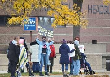 Demonstrators gather at Sarnia police headquarters Oct. 24, 2020 in support of female officer (BlackburnNews.com photo by Dave Dentinger)