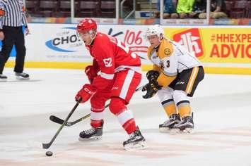 Jack Kopacka of the Sault Ste. Marie Greyhounds (left) controls the puck in front of the Sarnia Sting's Alex Black during the Sting's 4-3 overtime loss at Progressive Auto Sales Arena on October 2, 2016 (Photo courtesy of Metcalfe Photography)