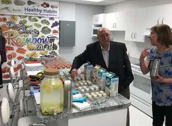 Newly re-elected Sarnia-Lambton MPP Bob Bailey enjoys some samples at the grand opening of the Rapids Family Health Team's community teaching kitchen. June 12, 2018 (Photo by Melanie Irwin)