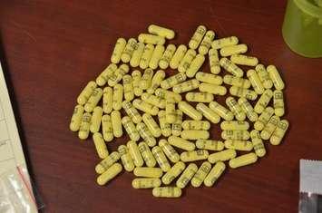 Hydromorphone pills seized in Erieau. Photo courtesy of Chatham-Kent police. 