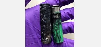 Exploded vape pen batteries recovered by Sarnia Fire and Rescue. September 15, 2018. (Photo sent to BlackburnNews by SFR)