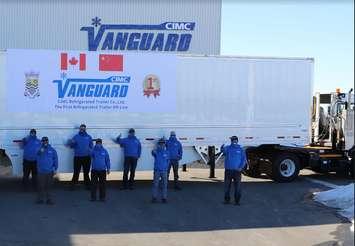 CIMC celebrates its first refrigerated trailer coming off the line at its new Canadian plant in Sarnia. February 25, 2021. Photo courtesy of Alex Wang.