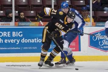 Sarnia Sting centre Adam Ruzicka moves the puck away from Sudbury Wolves winger Liam Dunda during their game Jan 7, 2017 at Progressive Auto Sales Arena (Photo courtesy of Metcalfe Photography)