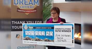 Aline Wirtanen of Sarnia takes home half the $1,074,045 jackpot in the 50/50 supporting the regional hospitals in London. The 50/50 is conducted in conjunction with Dream Lottery, which also awarded its top prize Thursday morning. (Handout) December 5, 2019