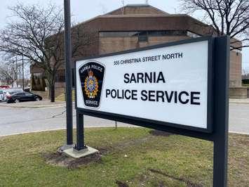 Sarnia Police Service sign at 555 Christina Street North. 4 April 2023. (Photo by Melanie Irwin)