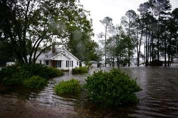 Homes are surrounded and inundated with rain and flood waters during Hurricane Florence after rivers, streams and swamps overflow along the Cape Fear River Basin more than 70 miles up-river from the ocean outlets.  Photo by Daniel Cima/American Red Cross.