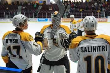 The Sarnia Sting celebrate a win over the Ottawa 67's  (Photo by Metcalfe Photography)
