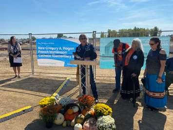 Walpole Island First Nation Elder Cedric Issac was joined by other representatives from Kettle & Stony Point First Nation at the site of Sarnia's new Gregory A. Hogan school. October 5, 2022 (Photo by Melanie Irwin)