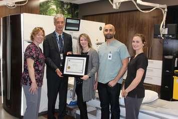 From left to right. Alexandra Smith, Medical Radiation Technologist (MRT); Mike Lapaine, President & CEO; Deirdre Shipley, Director, Diagnostic Imaging; Dr. Vajid Khan, Radiologist and Rachel Cornell, MRT. Handout.
