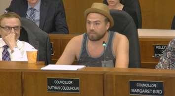 Sarnia Councillor Nathan Colquhoun speaks to a proposed dress code at the Sarnia council meeting June 27, 2022. Image captured from online coverage.