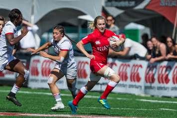 Julia Greenshields on Day 1 of the 2018 HSBC Canada Women's Sevens Series from Westhills Stadium in Langford, BC. May 13, 2018. (Photo courtesy of Chris Wilson Photography, islandwavephotography.com)