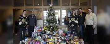 (From left to right) Ryan McGregor, David Legwand, Sam Bitten, Derian Hatcher, and Brad Webster stand next to a toy donation made by the Sting to the Salvation Army's Christmas Gift Hamper campaign. 

26 November 2019. (BlackburnNews.com photo by Colin Gowdy)