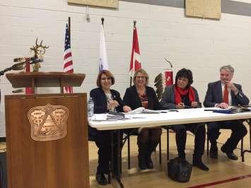 Aamjiwnaang Chief Joanne Rogers, Sarnia's Acting City Clerk Dianne Gould-Brown, Band Manager June Simon and Sarnia Mayor Mike Bradley sign new community infrastructure partnership program agreement. December 14, 2016 BlackburnNews.com photo by Melanie Irwin