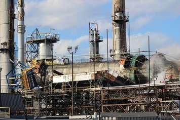 A collapsed fuel processing tower at Sarnia Imperial refinery Apr. 3, 2019 (BlackburnNews.com photo by Dave Dentinger)