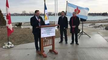 (Left to right)  Parliamentary Secretary to the Minister of Infrastructure and Communities Marco Mendicino, is joined by Sarnia's Director of Engineering Mike Berkvens and Mayor Mike Bradley as he announces $10.4 million to protect Sarnia from flooding. March 28, 2019 (Photo by Melanie Irwin)