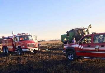 Petrolia and North Enniskillen firefighters respond to a combine fire. July 21, 2017 (Photo courtesy of @PetroliaFireDept Twitter)
