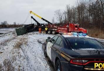 A crash on highway 402 WB near Glendon Drive - Jan 8/20 (Photo courtesy of OPP via Twitter)